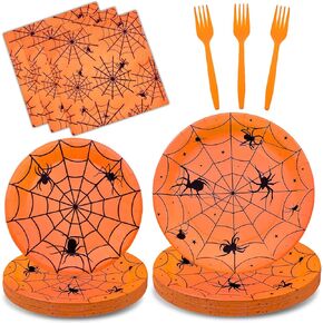 96 Pieces Halloween Spider Web Tableware Party Supplies - Disposable Dinnerware Set with Paper Plates, Napkins, and Forks for Spooky Halloween Party Supplies, Birthday Decorations - Serves 24 (Black)