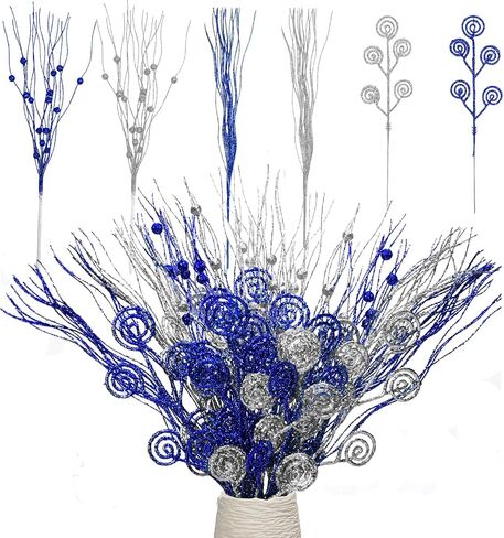 20Pcs Glittery Christmas Curly Berry Stems - Two-Color Artificial Candy Picks Decorative Glitter Sticks for Xmas Tree, Garland, Wreath, DIY Crafts & Home Décor (Champagne Silver) in Saudi Arabia