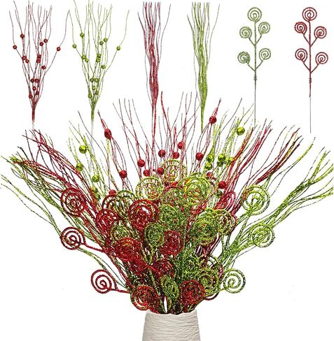 20Pcs Glittery Christmas Curly Berry Stems - Two-Color Artificial Candy Picks Decorative Glitter Sticks for Xmas Tree, Garland, Wreath, DIY Crafts & Home Décor (Champagne Silver) in Saudi Arabia