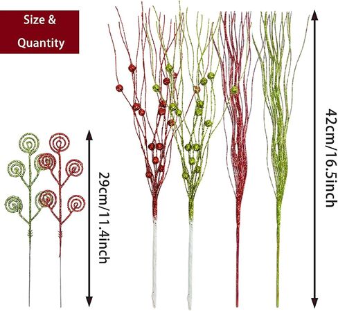 20Pcs Glittery Christmas Curly Berry Stems - Two-Color Artificial Candy Picks Decorative Glitter Sticks for Xmas Tree, Garland, Wreath, DIY Crafts & Home Décor (Champagne Silver) in Saudi Arabia