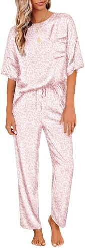Ekouaer Loungewear for Women Satin Sleepwear Womens Short Sleeve Pajamas Silk Loungewear Two Piece Pjs Set Green Floral Pjs Bride Pajama Green Floral S in Saudi Arabia