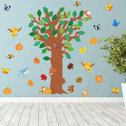 126 Pcs Classroom Tree Bulletin Board Set Seasonal Tree Maple Leaves Pumpkins Squirrels Cutout Bird Flower Cutouts Classroom Tree Wall Decor for School Classroom Chalkboard Wall(Cute Style) in Saudi Arabia