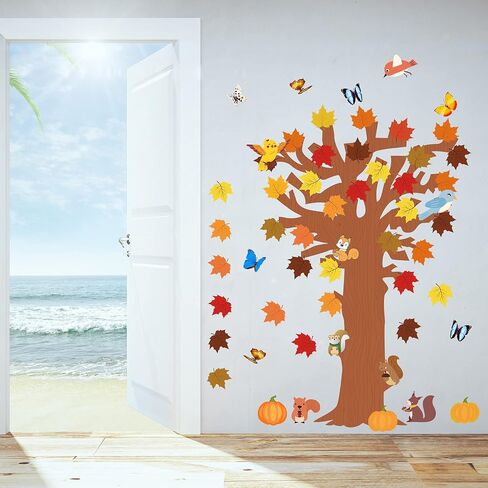 126 Pcs Classroom Tree Bulletin Board Set Seasonal Tree Maple Leaves Pumpkins Squirrels Cutout Bird Flower Cutouts Classroom Tree Wall Decor for School Classroom Chalkboard Wall(Cute Style) in Saudi Arabia