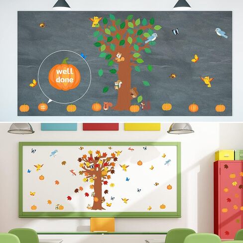 126 Pcs Classroom Tree Bulletin Board Set Seasonal Tree Maple Leaves Pumpkins Squirrels Cutout Bird Flower Cutouts Classroom Tree Wall Decor for School Classroom Chalkboard Wall(Cute Style) in Saudi Arabia