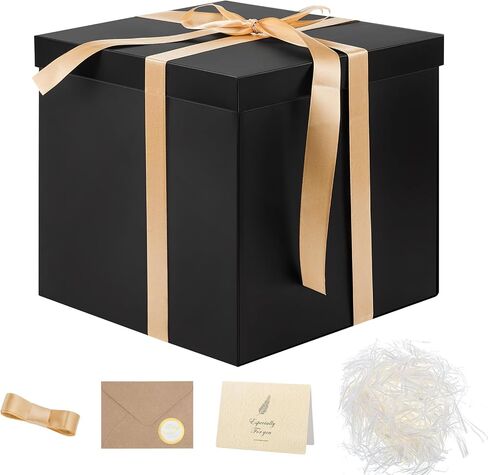 Large Black Gift Box with Lid, 10x10x10 In Christmas Gift Boxes for Presents with Ribbon Shredded Paper Card and Envelope for Christmas Valentine's Day Birthday Anniversary Wedding in Saudi Arabia
