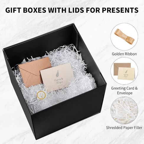 Large Black Gift Box with Lid, 10x10x10 In Christmas Gift Boxes for Presents with Ribbon Shredded Paper Card and Envelope for Christmas Valentine's Day Birthday Anniversary Wedding in Saudi Arabia