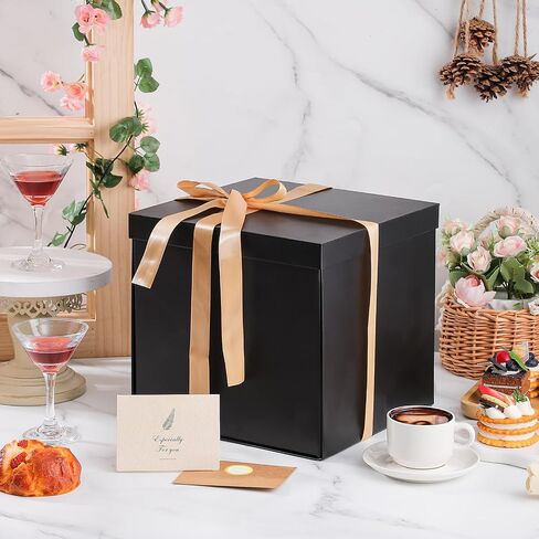 Large Black Gift Box with Lid, 10x10x10 In Christmas Gift Boxes for Presents with Ribbon Shredded Paper Card and Envelope for Christmas Valentine's Day Birthday Anniversary Wedding in Saudi Arabia