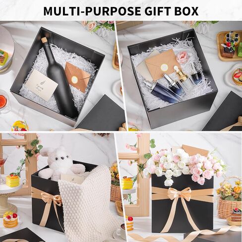 Large Black Gift Box with Lid, 10x10x10 In Christmas Gift Boxes for Presents with Ribbon Shredded Paper Card and Envelope for Christmas Valentine's Day Birthday Anniversary Wedding in Saudi Arabia