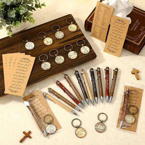 Lincia 20 Sets Christian Gift Bulk 20 Bible Verse Bamboo Pens 20 Church Keychains and 20 Inspirational Bookmarks Christmas Religious Scripture Gifts for Sunday School Church Visitor(Mild Color) in Saudi Arabia