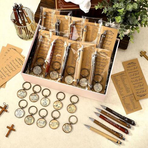Lincia 20 Sets Christian Gift Bulk 20 Bible Verse Bamboo Pens 20 Church Keychains and 20 Inspirational Bookmarks Christmas Religious Scripture Gifts for Sunday School Church Visitor(Mild Color) in Saudi Arabia