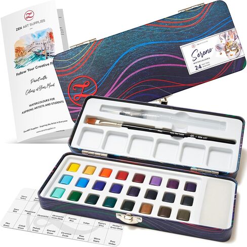 Travel Watercolor Paint Set - 24 Half-Pan Vibrant Water Colors for Adult Beginners and Tin Box - Portable Watercolor Set with Paintbrush, Water Brush, Mixing Area - SERENO Cool Colours by ZenART in Kuwait