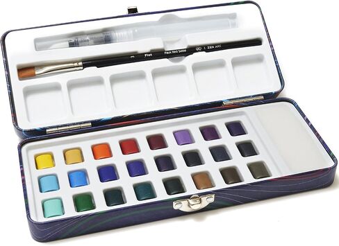 Travel Watercolor Paint Set - 24 Half-Pan Vibrant Water Colors for Adult Beginners and Tin Box - Portable Watercolor Set with Paintbrush, Water Brush, Mixing Area - SERENO Cool Colours by ZenART in Kuwait