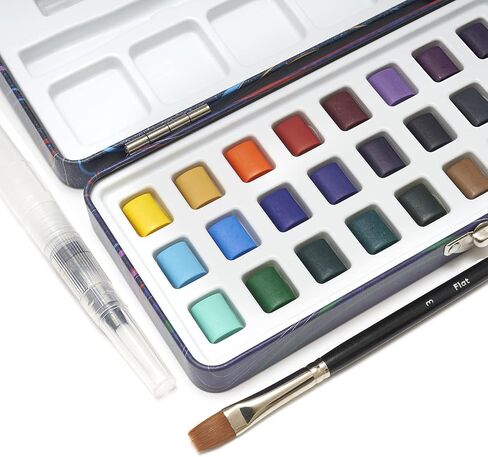 Travel Watercolor Paint Set - 24 Half-Pan Vibrant Water Colors for Adult Beginners and Tin Box - Portable Watercolor Set with Paintbrush, Water Brush, Mixing Area - SERENO Cool Colours by ZenART in Kuwait