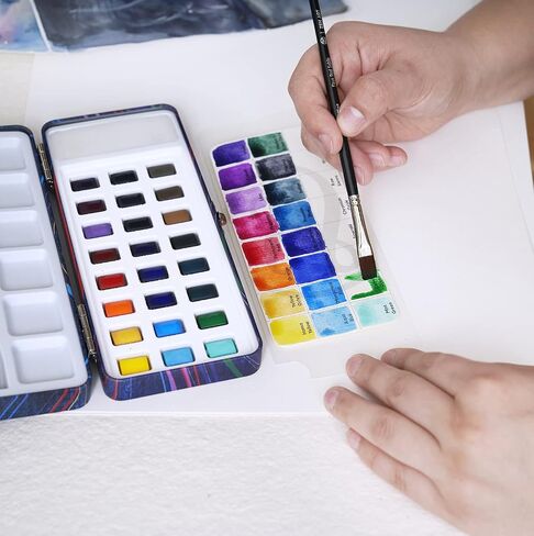 Travel Watercolor Paint Set - 24 Half-Pan Vibrant Water Colors for Adult Beginners and Tin Box - Portable Watercolor Set with Paintbrush, Water Brush, Mixing Area - SERENO Cool Colours by ZenART in Kuwait