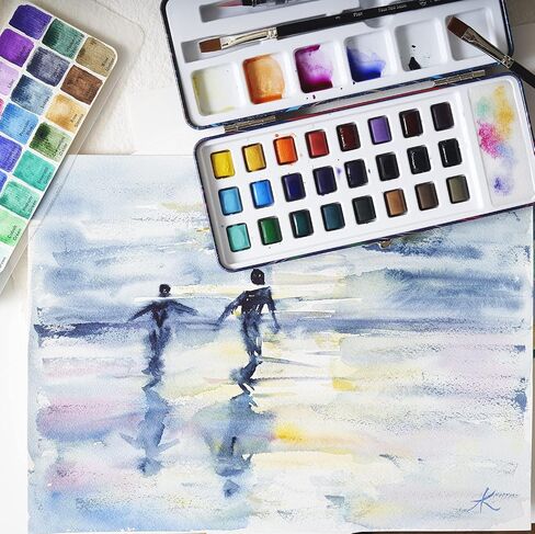 Travel Watercolor Paint Set - 24 Half-Pan Vibrant Water Colors for Adult Beginners and Tin Box - Portable Watercolor Set with Paintbrush, Water Brush, Mixing Area - SERENO Cool Colours by ZenART in Kuwait