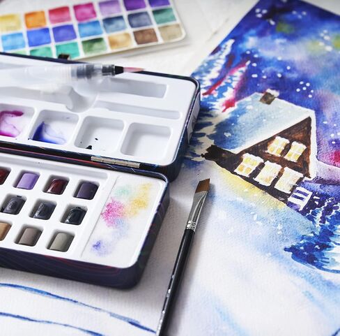 Travel Watercolor Paint Set - 24 Half-Pan Vibrant Water Colors for Adult Beginners and Tin Box - Portable Watercolor Set with Paintbrush, Water Brush, Mixing Area - SERENO Cool Colours by ZenART in Kuwait