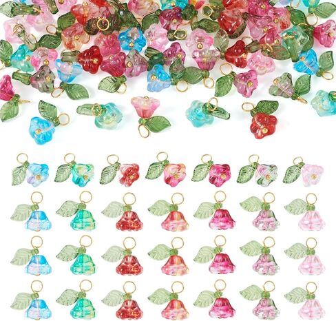 FASHEWELRY Glass Flower Charms Green Leaf Flower Dangle Earring Charms Trumpet Lily Bell Floral Pendants Colorful Crystal Flower Beads Charms for DIY Crafts Necklace Earring Jewelry Making in Saudi Arabia