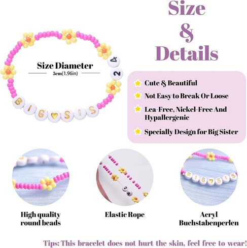 LParkin Big Sister Bracelet Set - 2PCS Big Sister Bracelets for Girls, Stretch Beads Big Sister Gift for Toddler, Pink and Blue in Kuwait