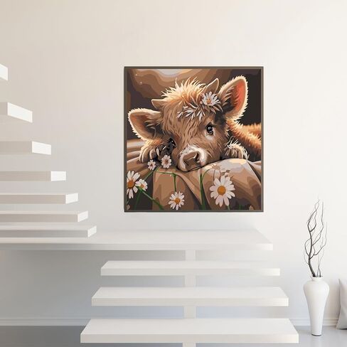 مجموعة طلاء زهرة البقرة بالأرقام للبالغين المبتدئين، طلاء سهل للكبار بالأرقام زهرة البقرة، طلاء حسب الرقم بدون إطار ديكور جدار المنزل 16 × 16 بوصة in Kuwait