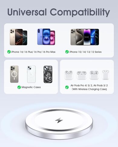 for Apple Mag-Safe Charger 2 Pack, Magnetic Wireless Charger, Silver | Made for iPhone 17/17 Pro/17 Pro Max/Air/16 15 14 13 12 Pro Max Plus mini, Charging Pad for Airpods Pro 3 2,Strong Magnet in Saudi Arabia