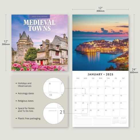 Red Robin 2025 Medieval Towns Monthly Wall Calendar | 12" x 24" Open | Premium Thick & Sturdy Paper | Hangable 12 Month Calendar | Plastic Free | 4 Month Transition Page for 2024 in Saudi Arabia