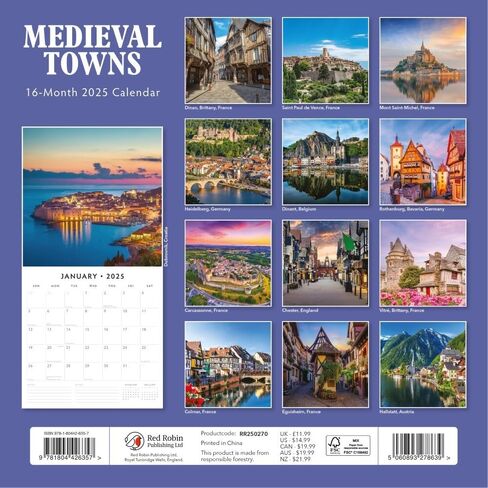 Red Robin 2025 Medieval Towns Monthly Wall Calendar | 12" x 24" Open | Premium Thick & Sturdy Paper | Hangable 12 Month Calendar | Plastic Free | 4 Month Transition Page for 2024 in Saudi Arabia