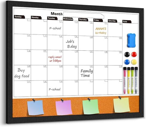 Monthly Whiteboard Calendar & Cork Boards for Walls, 23"x17" Magnetic Dry Erase Board with Black Wood Framed,2in1 White Board Cork Board Combo, Calendar Bulletin Board for Kitchen Planner Memo Office in Saudi Arabia