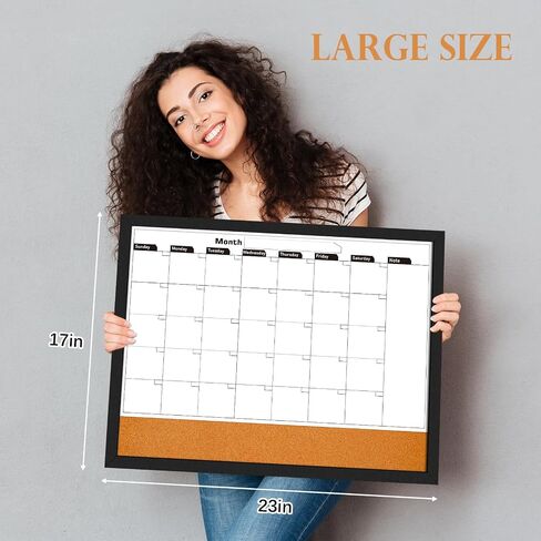 Monthly Whiteboard Calendar & Cork Boards for Walls, 23"x17" Magnetic Dry Erase Board with Black Wood Framed,2in1 White Board Cork Board Combo, Calendar Bulletin Board for Kitchen Planner Memo Office in Saudi Arabia