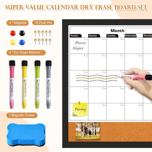 Monthly Whiteboard Calendar & Cork Boards for Walls, 23"x17" Magnetic Dry Erase Board with Black Wood Framed,2in1 White Board Cork Board Combo, Calendar Bulletin Board for Kitchen Planner Memo Office in Saudi Arabia