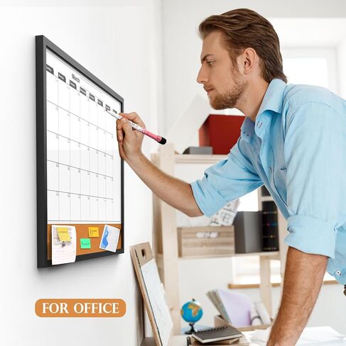 Monthly Whiteboard Calendar & Cork Boards for Walls, 23"x17" Magnetic Dry Erase Board with Black Wood Framed,2in1 White Board Cork Board Combo, Calendar Bulletin Board for Kitchen Planner Memo Office in Saudi Arabia