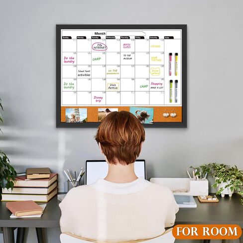 Monthly Whiteboard Calendar & Cork Boards for Walls, 23"x17" Magnetic Dry Erase Board with Black Wood Framed,2in1 White Board Cork Board Combo, Calendar Bulletin Board for Kitchen Planner Memo Office in Saudi Arabia