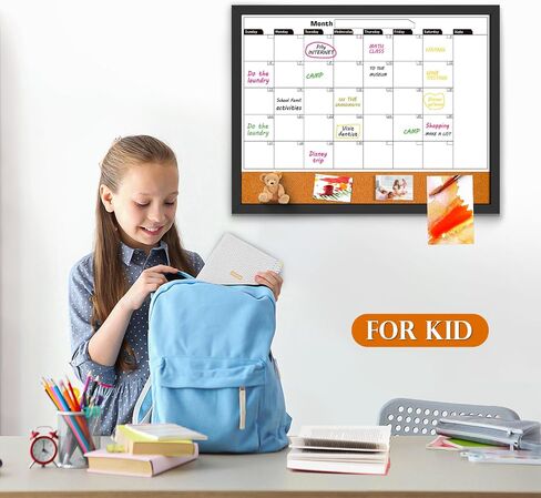 Monthly Whiteboard Calendar & Cork Boards for Walls, 23"x17" Magnetic Dry Erase Board with Black Wood Framed,2in1 White Board Cork Board Combo, Calendar Bulletin Board for Kitchen Planner Memo Office in Saudi Arabia