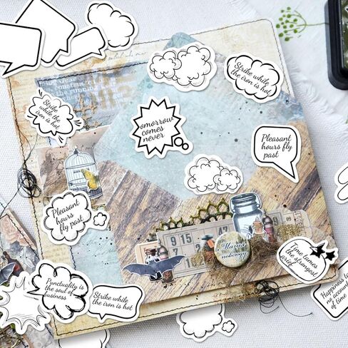 PAGOW 90 PCS Dialog Box Paper Stickers, Photo Album Sticker, Cute Bubble Sticky Labels, Shaped Comic Book Stickers for Scrapbook, Photocard, Diary, Clendar, DIY Crafts, Planners (Black, White) in Saudi Arabia