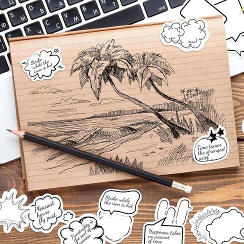 PAGOW 90 PCS Dialog Box Paper Stickers, Photo Album Sticker, Cute Bubble Sticky Labels, Shaped Comic Book Stickers for Scrapbook, Photocard, Diary, Clendar, DIY Crafts, Planners (Black, White) in Saudi Arabia