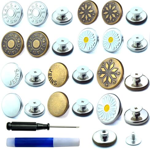 Jean Button Replacement No Sew Repair Kit, 24 Sets ZHIYONZEE Perfect Fit Metal Instant Buttons for Jeans, Adjuestable Pants Waist Size, Screw Rivets Button Kit with Screwdriver and Thread Locking in Saudi Arabia