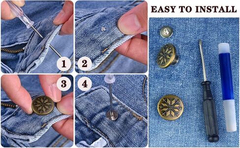 Jean Button Replacement No Sew Repair Kit, 24 Sets ZHIYONZEE Perfect Fit Metal Instant Buttons for Jeans, Adjuestable Pants Waist Size, Screw Rivets Button Kit with Screwdriver and Thread Locking in Saudi Arabia