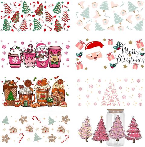 UV DTF Glass Cup Wrap Transfer-8 Sheets Christmas Theme UV DTF Stickers for 16oz Glass Decals Waterproof Floral Personalized Rub On Transfers for Crafts and Furniture DIY Holiday Presents in Saudi Arabia