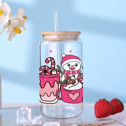 UV DTF Glass Cup Wrap Transfer-8 Sheets Christmas Theme UV DTF Stickers for 16oz Glass Decals Waterproof Floral Personalized Rub On Transfers for Crafts and Furniture DIY Holiday Presents in Saudi Arabia