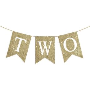 Pre-Strung Two Banner Pink Glitter High Chair Banner for Kids 2nd Birthday Decorations Two Years Old Baby Girl Birthday Sign Anniversary Party Decor Supplies