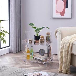 Acrylic Rolling Utility Cart with Wheels, 2 Tier Small Rolling Cart with Handle, Multi-Functional Slim Storage Cart for Bedroom,Kitchen, Bathroom, Living Room,Laundry, Narrow Places (Gold Border)