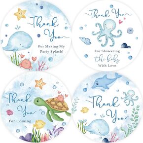 80pcs Marine Animals Thank You Stickers, Under The Sea Theme Thank You Bridal Shower Stickers, Ocean Animals Birthday Stickers, Sea Whales Thank You Stickers for Ocean World Party Favors