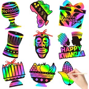 WATINC 63pcs Kwanzaa مجموعة هدايا بطاقات الخدش للأطفال، بطاقات خدش سحرية معلقة من Happy Kwanzaa DIY، ديكور حفلات العطلات التراثية الأفريقية لمشروع فني للأنشطة المدرسية