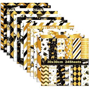 24 Sheets Graduation Scrapbook Paper, Black Gold Double -sided Diploma Cap Pattern, 12 Inch Flat Congrats Grad Craft Pad for Origami, Decoupages, Gift Wrapping, Card Making, Photo Album Decor