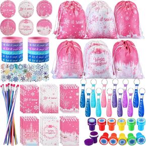 Abbylike 140 Pcs Winter Party Favors Christmas Gifts for Kids Snowflake Wonderland Party Favors Supplies Birthday Notebook Bracelet Stamper Sticker Drawstring Bag Pencil Button Pin Keychain