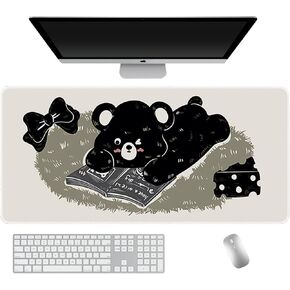 Black Cartoon Cat Desk Mat Mouse Pad Beige White Anime Cute Kawaii Large Extended Gaming Mouse Pad Desk Pad, PC Laptop Keyboard and Mouse Mat for Women Desk 11.8 x 31.5 in