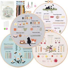 ZVKVJVZ 4 Sets Beginner Embroidery Starter Kit, Adults Easy Needlepoint Kits Hand Cross Stitch Practice Kits with Stamped Patterns, Tools, Hoops, and Video Guide for Craft Lover