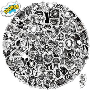 Halloween Skull and Gothic Designs Black and White Sticker Pack,terrifier Horror Scary Spooky Stickers for Laptop,Computer,car,Phone,Skateboard,Water Bottle， 100 pcs