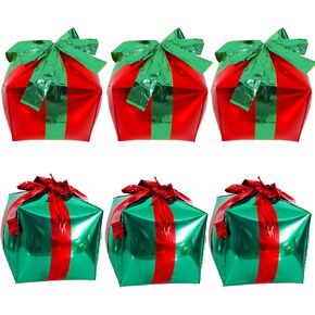 KALOR 6 Pcs Red and Green Cube Gift Box Balloons, 18 Inch Gift Box Mylar Foil Balloons for Christmas Xmas Theme Party Decorations
