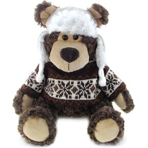 DolliBu Plush Grizzly Bear Stuffed Animal - Soft Plush Huggable Brown Grizzly Bear Wearing Hat & Sweater, Adorable Toy Wild Life Cuddle Gifts for Kids and Adults - 9 Inch