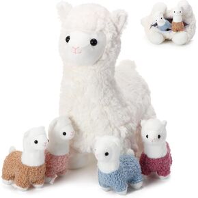 Lenwen 5 Pcs Llama Stuffed Animal Llama with Babies 14 Inch Mommy Alpaca with 4 Cute Plush Babies in Her Belly Soft Cuddly Plushie for Toddler Boy Girl Birthday Gift Party Favors